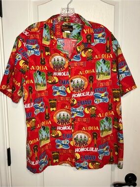Island Reserve Red Hawaiian Aloha Shirt with Luau Graphics Large